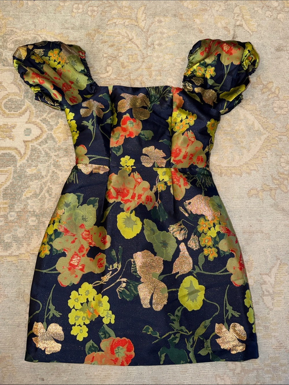 Lulu's Navy Floral Dress with Gold Metallic Accents